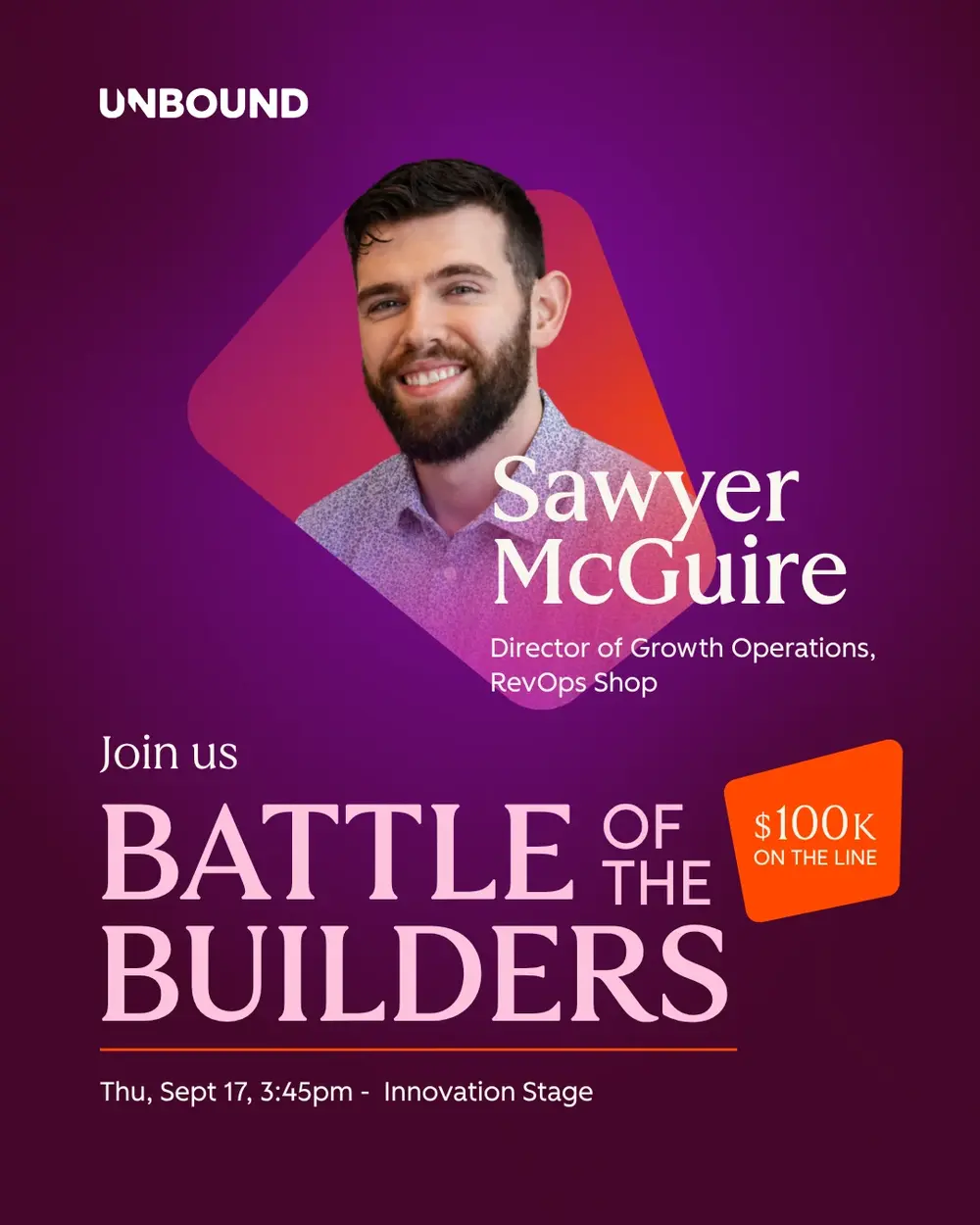 UNBOUND speaker card for Sawyer McGuire, Director of Growth Operations, RevOps Shop.